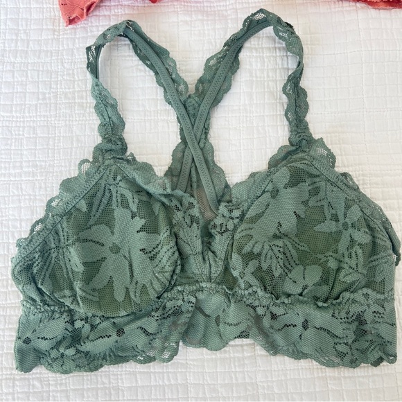 Aerie Lace Bralette Set in Coral and Moss Green Size Medium - Picture 2 of 7